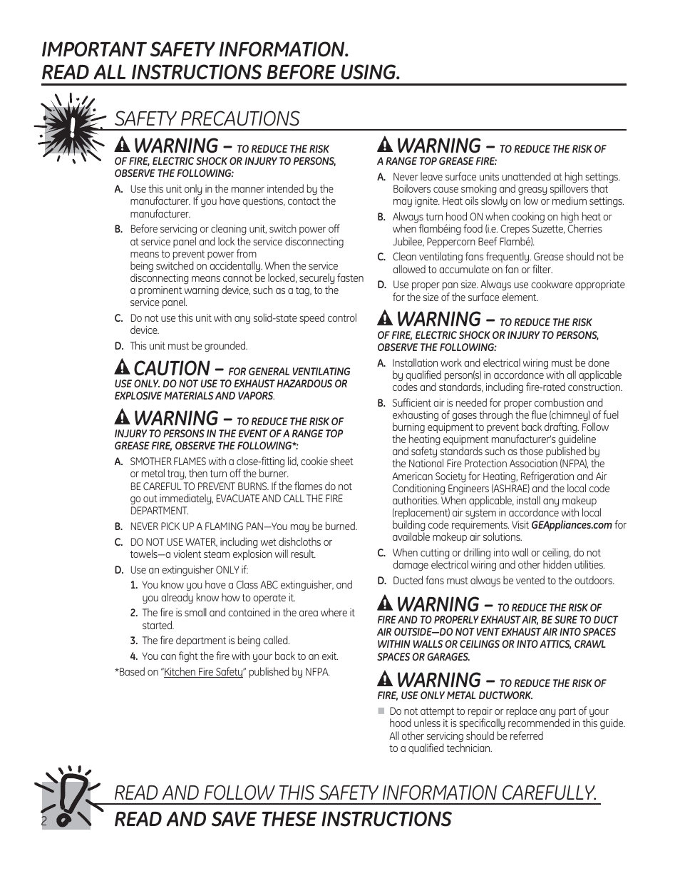 Caution, Warning | GE JV536HSS User Manual | Page 2 / 40