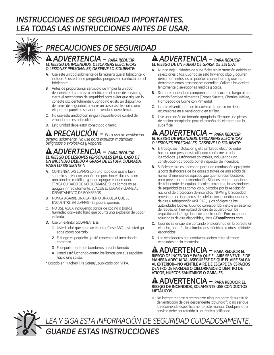 Precaución, Advertencia | GE JV536HSS User Manual | Page 22 / 40