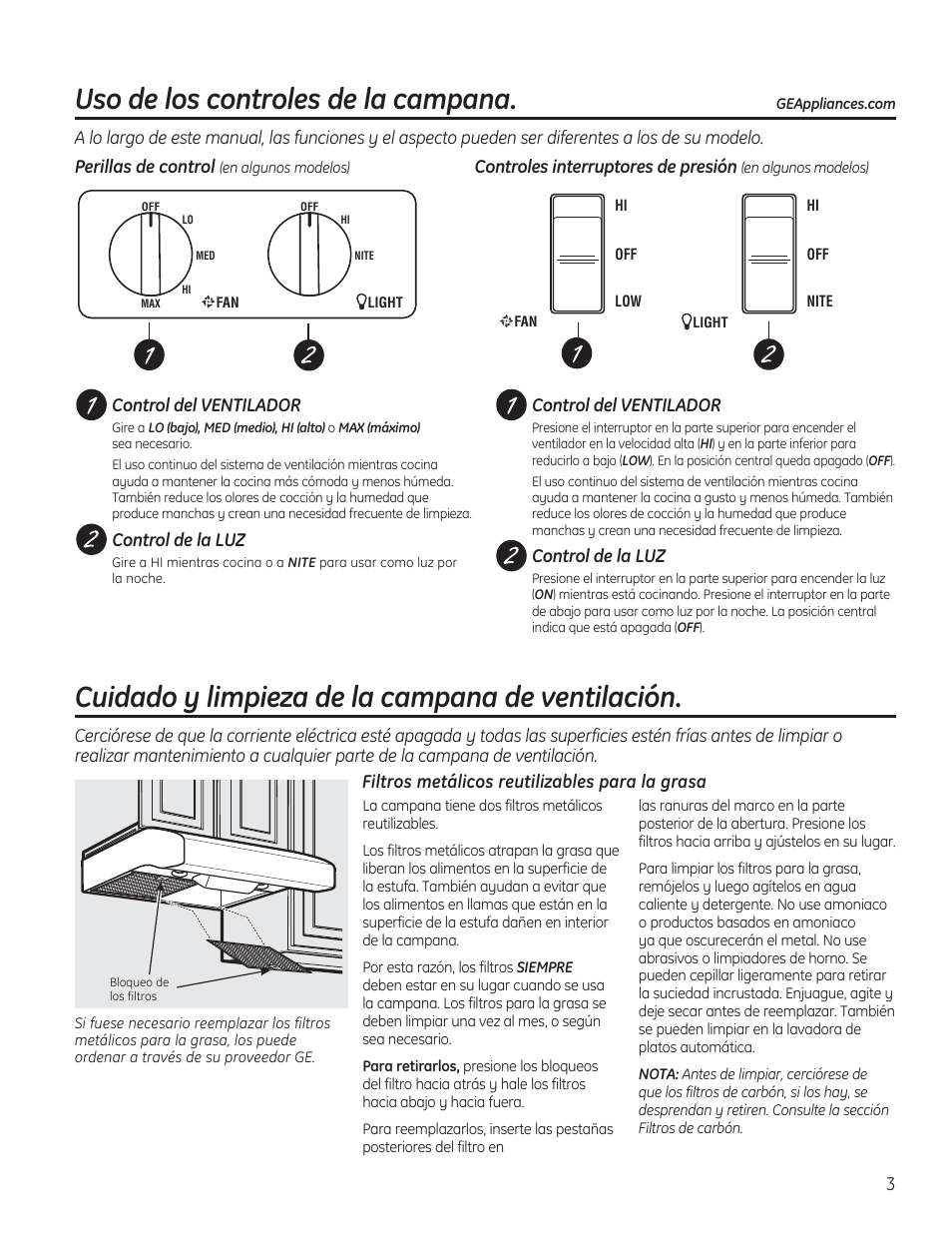 Uso de los controles de la campana, Cuidado y limpieza de la campana de ventilación | GE JV536HSS User Manual | Page 23 / 40