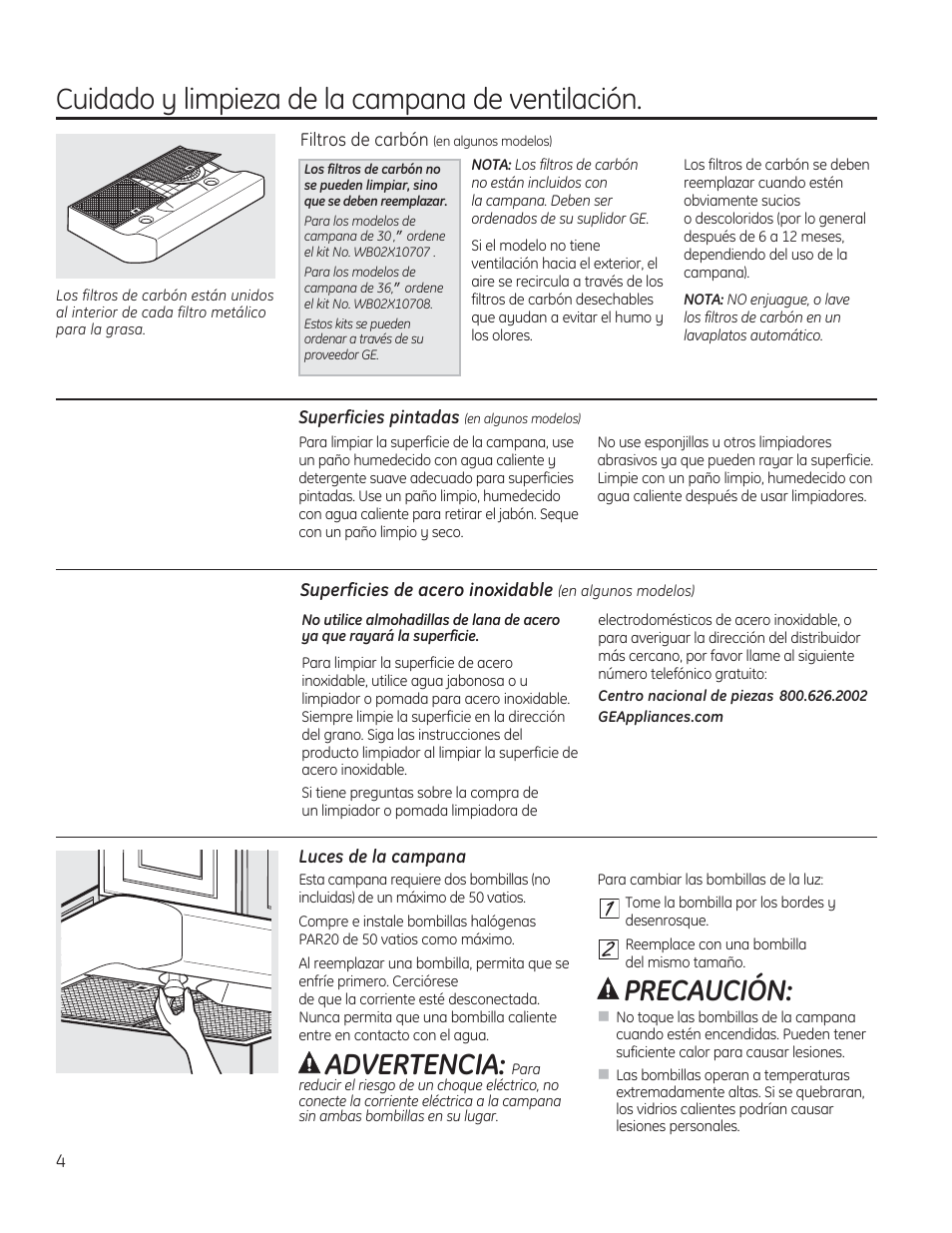 Cuidado y limpieza de la campana de ventilación, Advertencia, Precaución | GE JV536HSS User Manual | Page 24 / 40