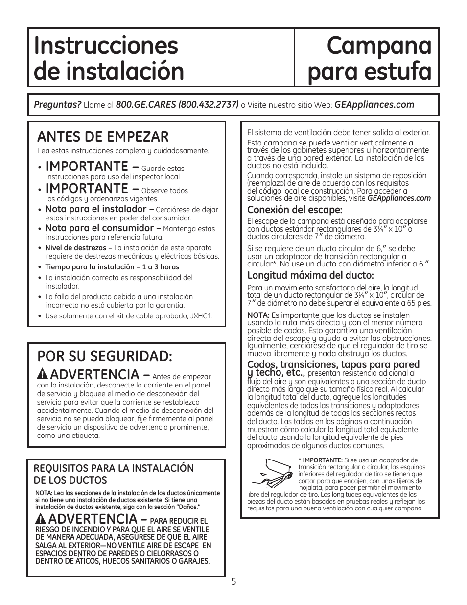 Instrucciones campana, De instalación, Para estufa | Antes de empezar, Por su seguridad, Importante, Advertencia | GE JV536HSS User Manual | Page 25 / 40