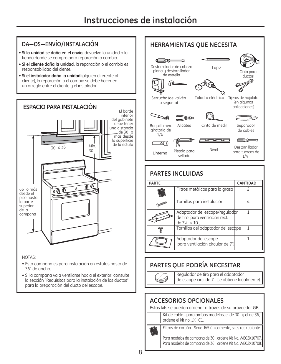 Instrucciones de instalación, Accesorios opcionales, Herramientas que necesita | GE JV536HSS User Manual | Page 28 / 40