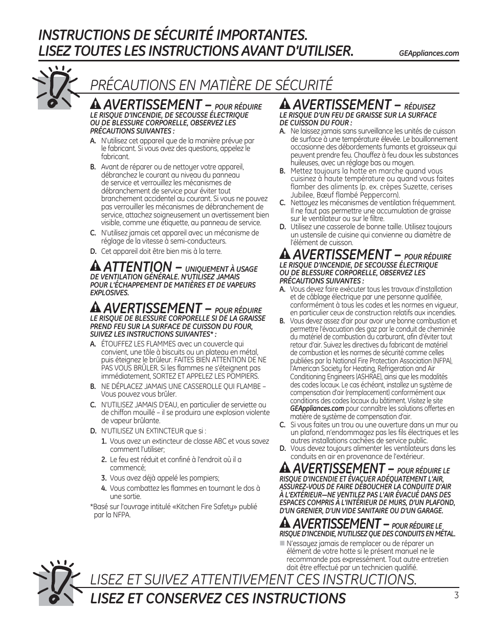 Précautions en matière de sécurité avertissement, Attention, Avertissement | GE JV536HSS User Manual | Page 3 / 40