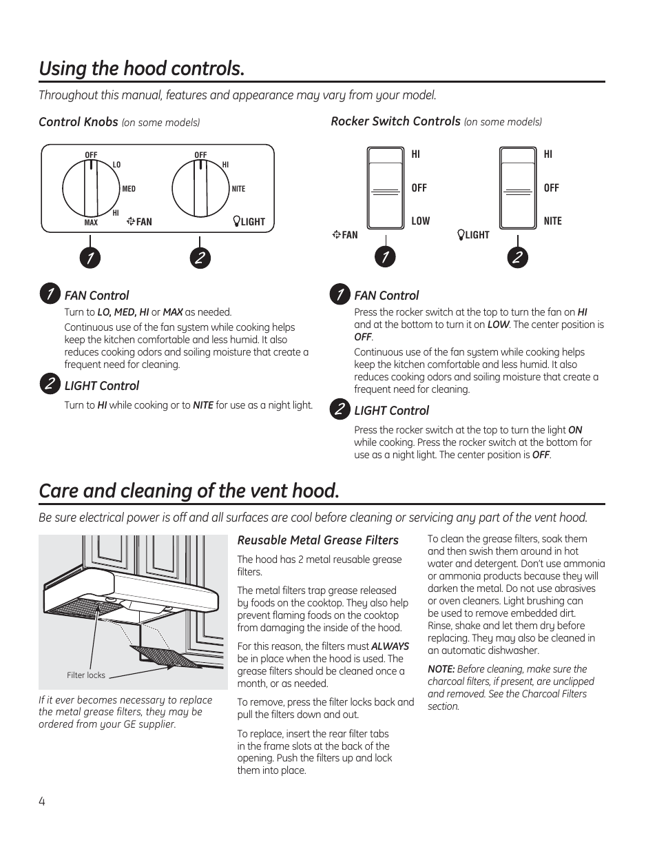 Using the hood controls, Care and cleaning of the vent hood | GE JV536HSS User Manual | Page 4 / 40