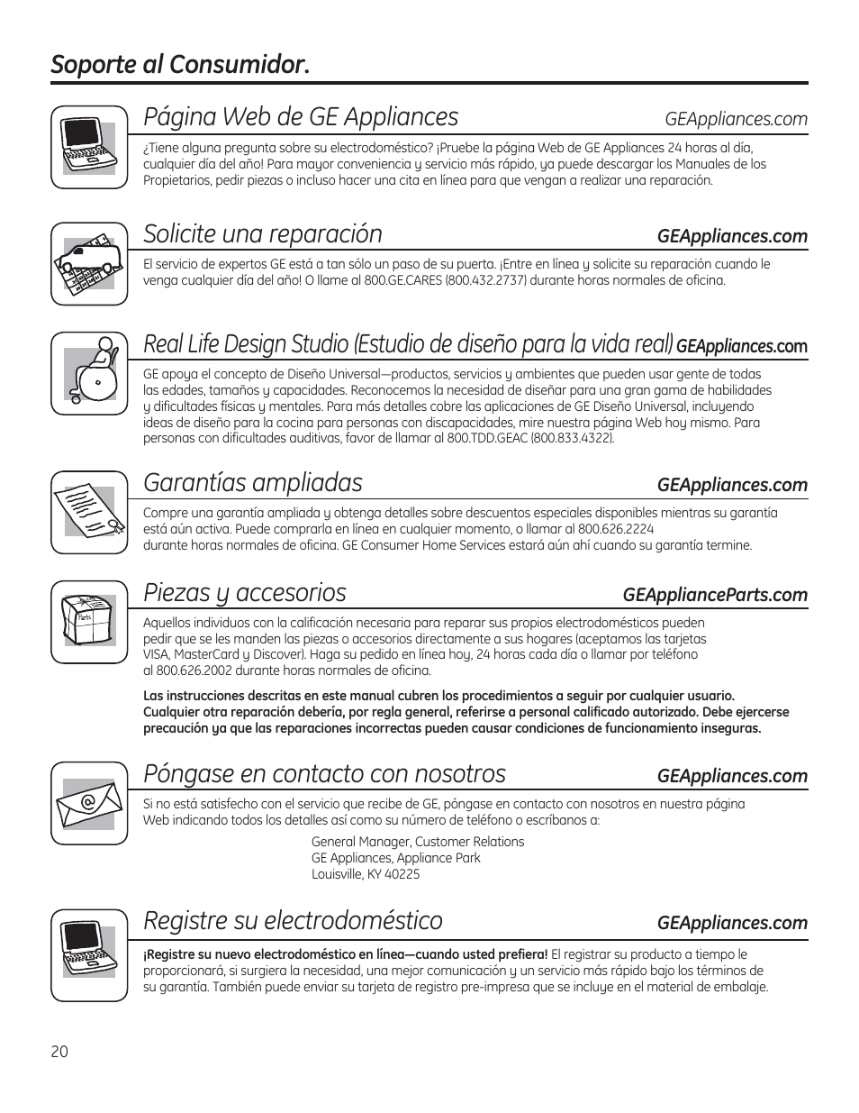 Garantías ampliadas, Registre su electrodoméstico, Página web de ge appliances | Solicite una reparación, Piezas y accesorios, Póngase en contacto con nosotros | GE JV536HSS User Manual | Page 40 / 40