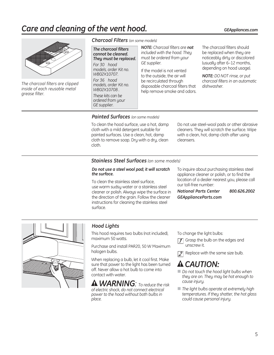 Warning, Caution, Care and cleaning of the vent hood | GE JV536HSS User Manual | Page 5 / 40