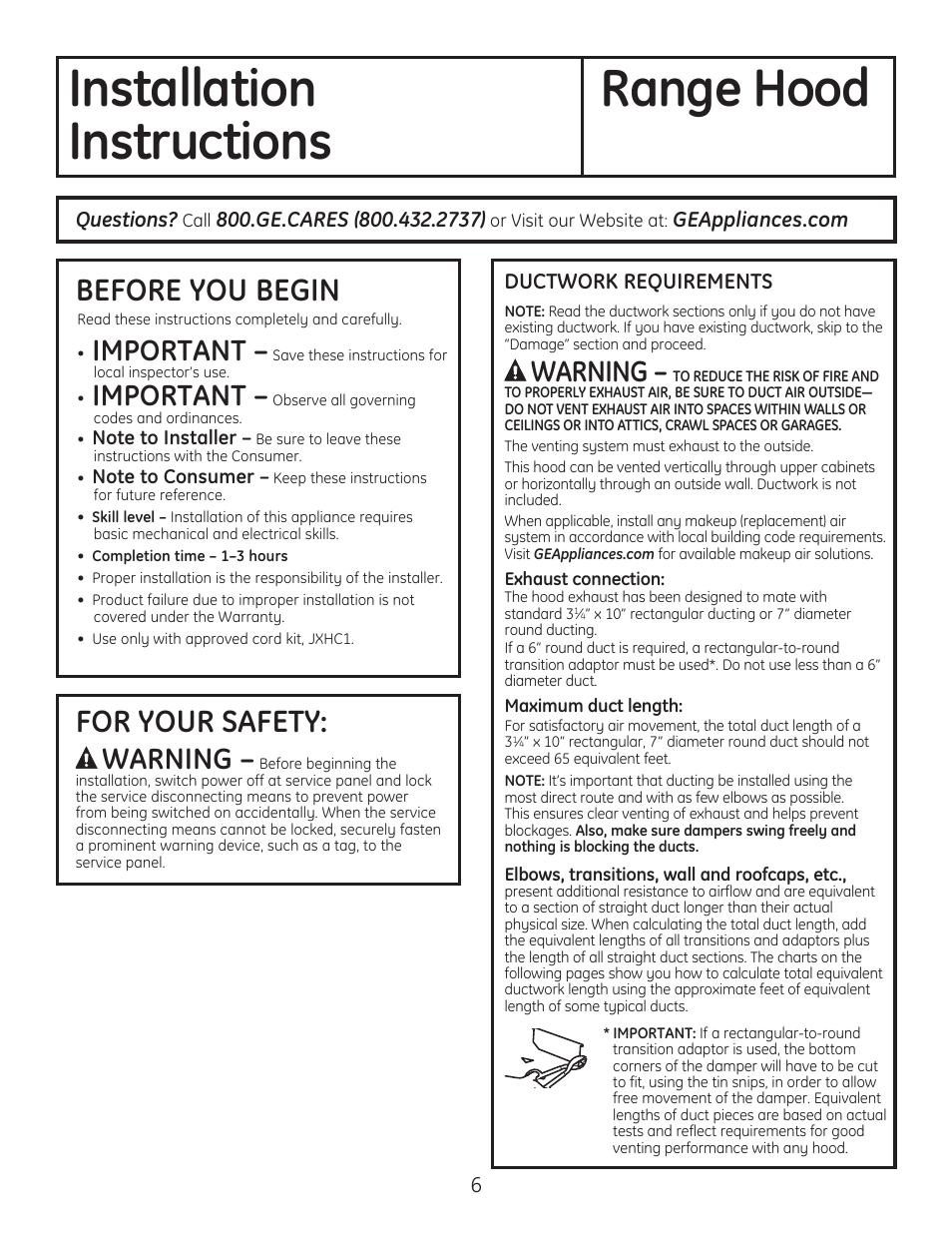 Installation range hood, Instructions, Before you begin | For your safety, Important, Warning | GE JV536HSS User Manual | Page 6 / 40