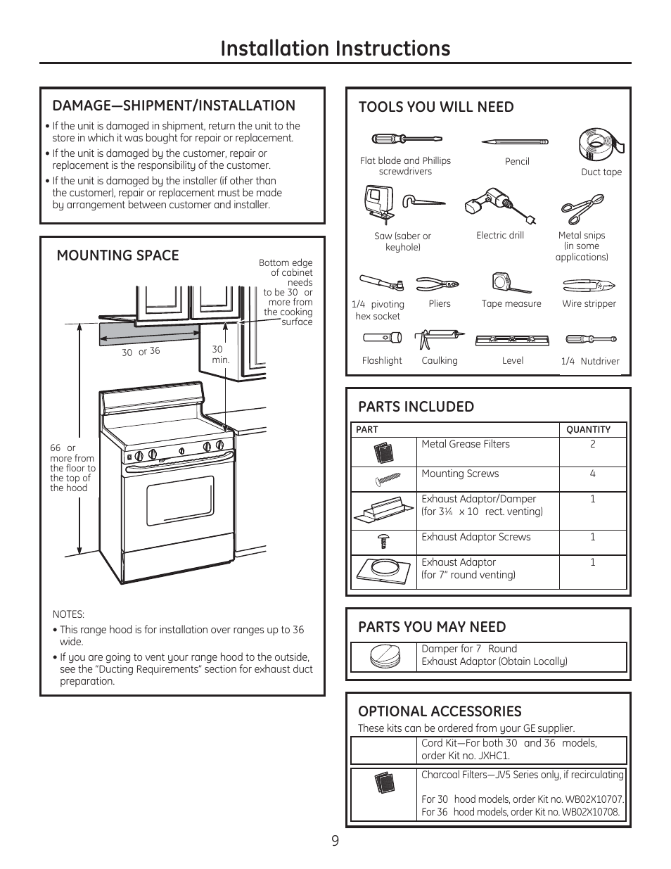 Installation instructions, Parts you may need, Optional accessories | Tools you will need | GE JV536HSS User Manual | Page 9 / 40