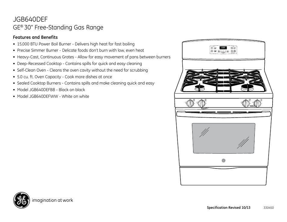 Jgb640def, 30" free-standing gas range | GE JGB640DEFWW User Manual | Page 2 / 2