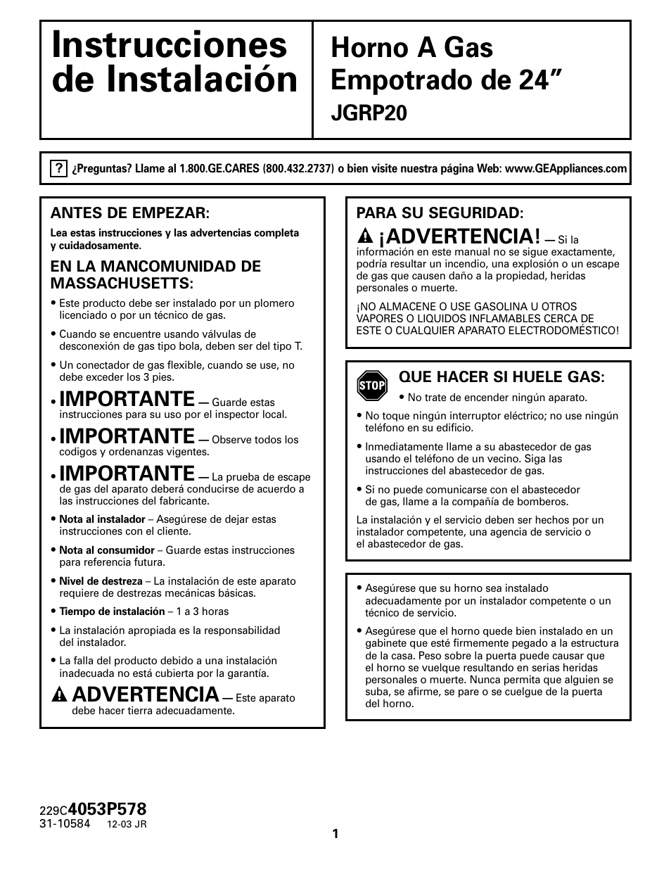 Spanish, Antes de empezar, Instrucciones | De instalación, Horno a gas, Empotrado de 24, Jgrp20, Importante, Advertencia | GE JGRP20WEJWW User Manual | Page 11 / 20