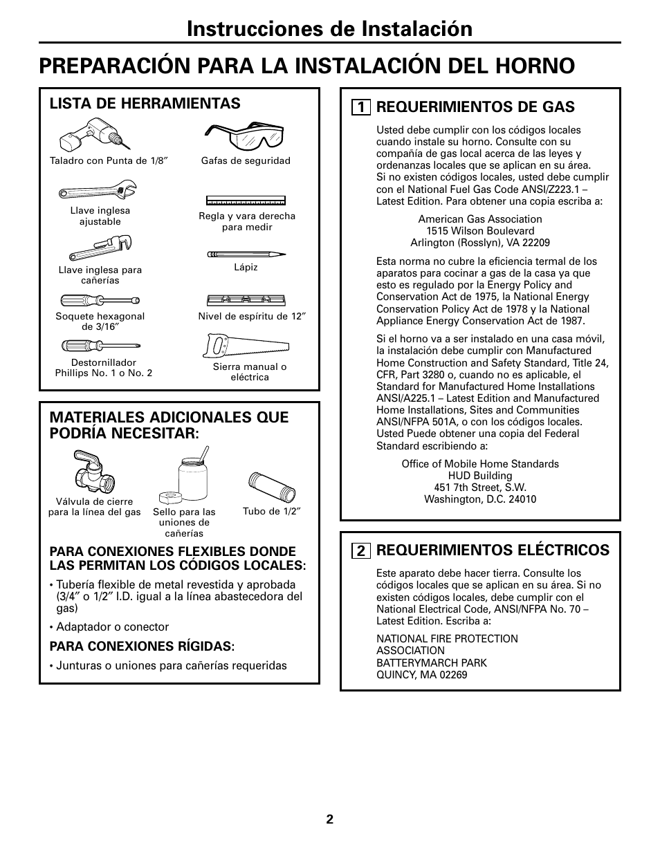 Preparación para la instalación del horno, Lista de herramientas, Materiales adicionales que podría necesitar | Requerimientos de gas, Requerimientos eléctricos, 1requerimientos eléctricos | GE JGRP20WEJWW User Manual | Page 12 / 20