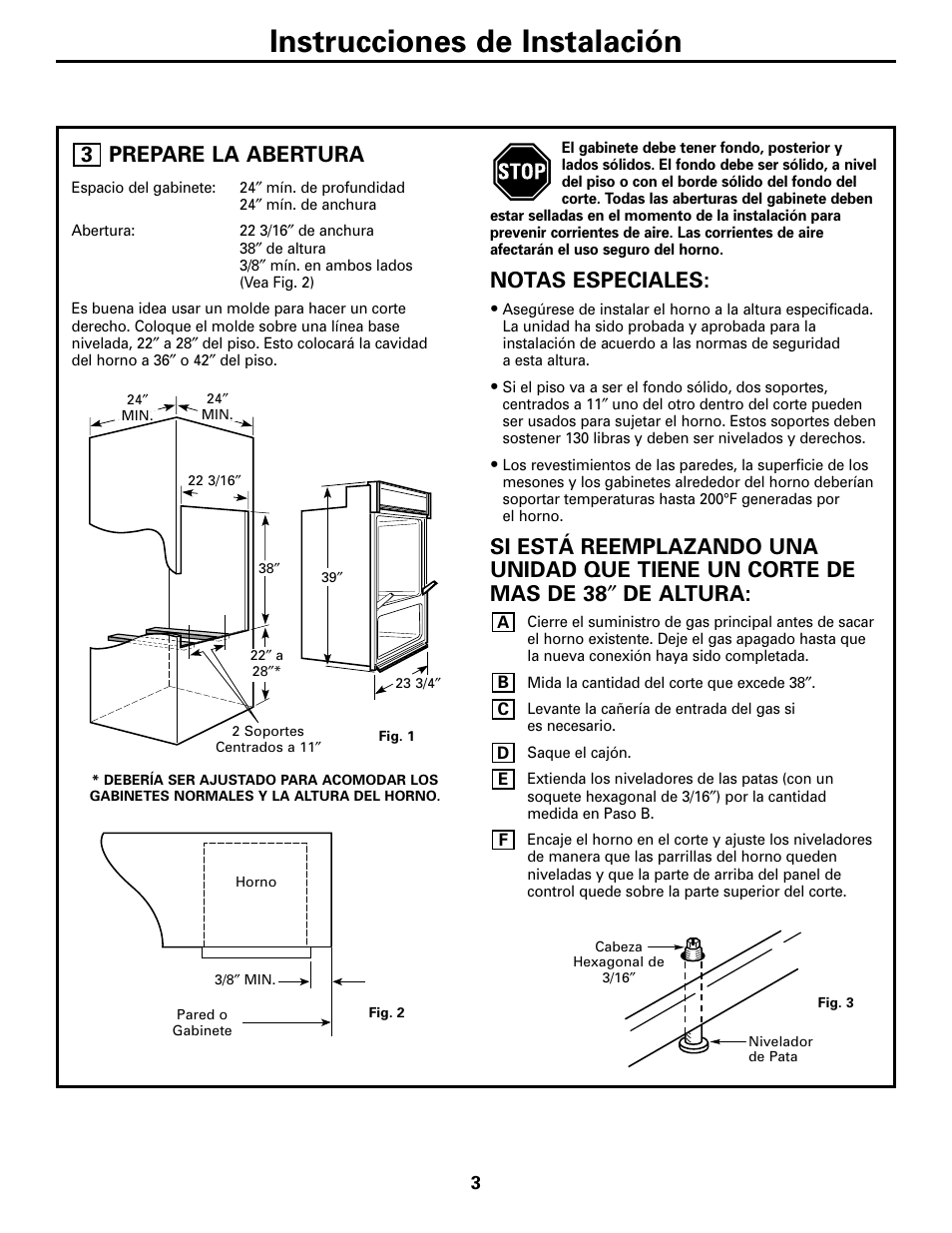 Prepare la abertura, Instrucciones de instalación, Notas especiales | GE JGRP20WEJWW User Manual | Page 13 / 20