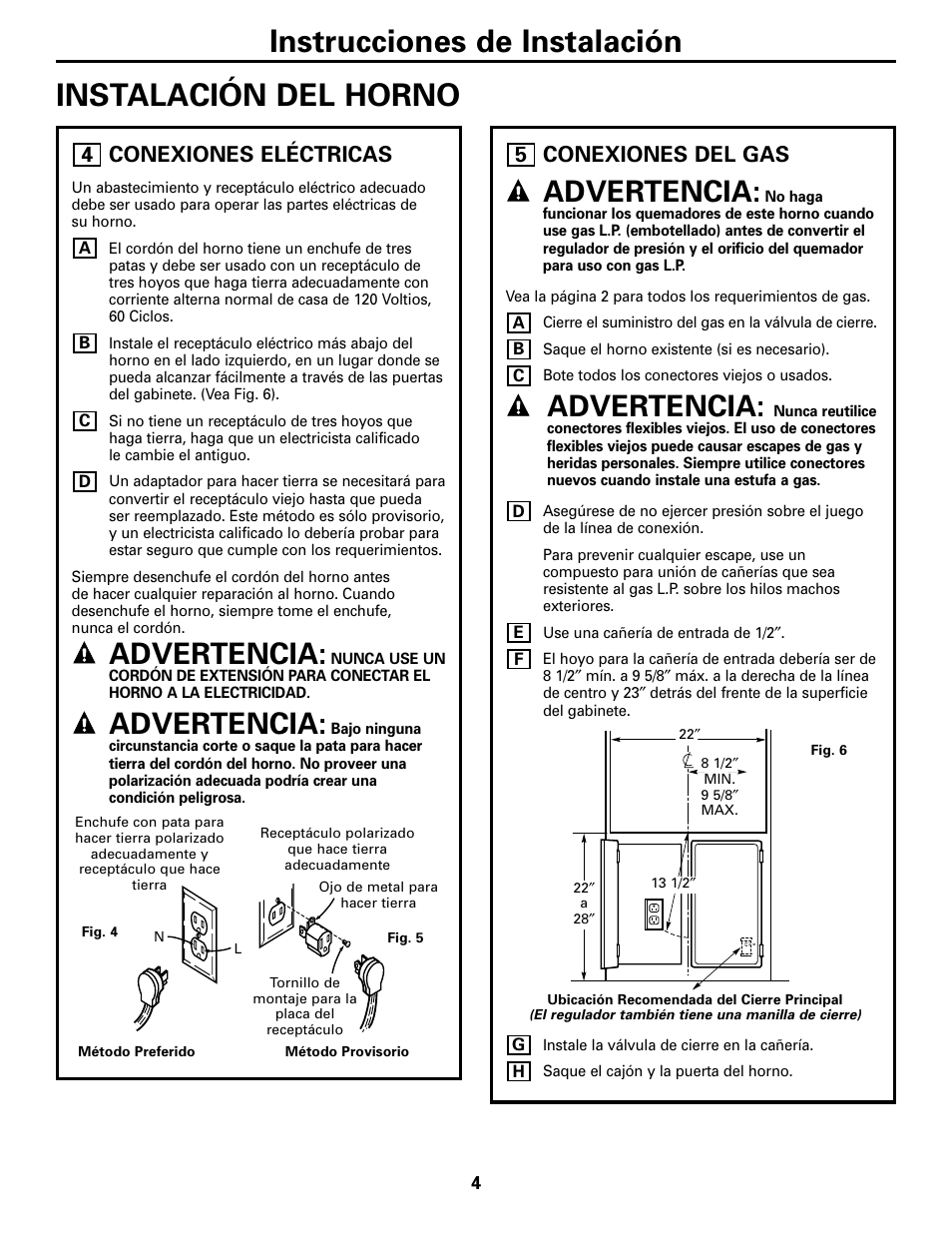 Instalación del horno, Conexiones eléctricas, Conexiones del gas | Instrucciones de instalación instalación del horno, Advertencia, 5conexiones eléctricas | GE JGRP20WEJWW User Manual | Page 14 / 20