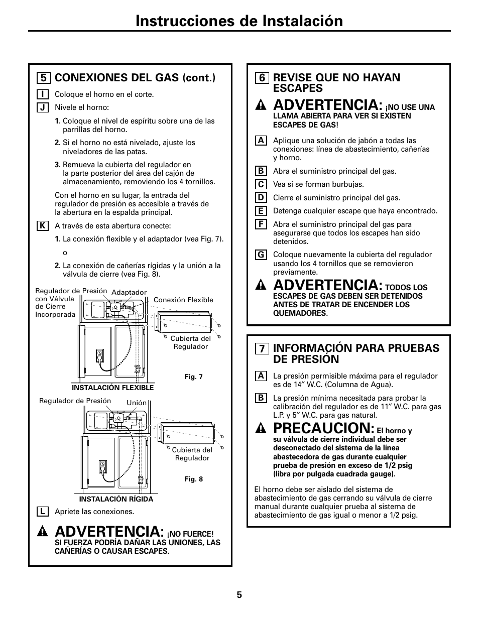 Revise que no hayan escapes, Información para pruebas de presión, Instrucciones de instalación | Advertencia, Precaucion, Conexiones del gas (cont.), 5revise que no hayan escapes, 6información para pruebas de presión | GE JGRP20WEJWW User Manual | Page 15 / 20