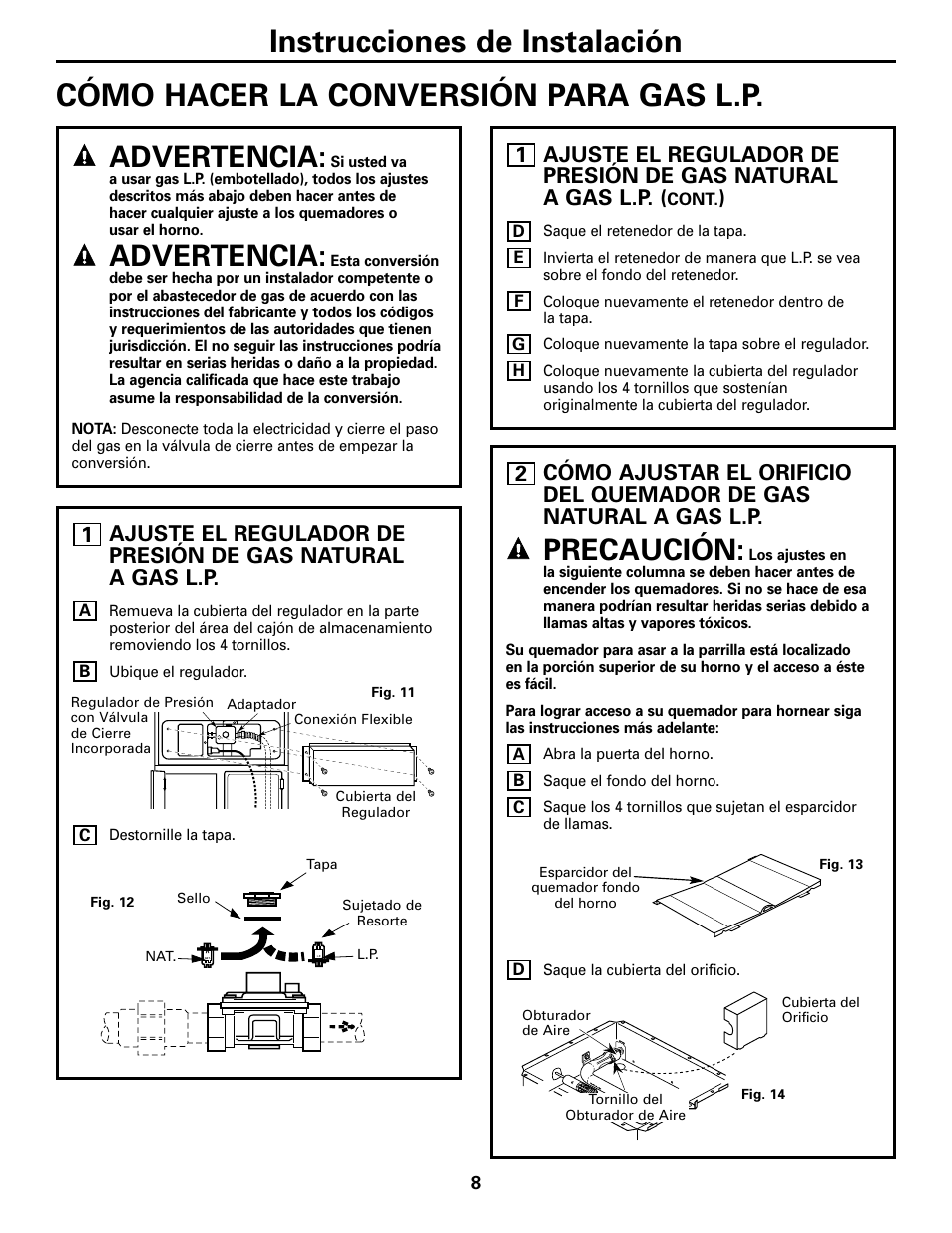 Cómo hacer la conversión para gas l.p, Ajuste el regulador de resión, Cómo ajustar el orificio del quemador | Advertencia, Precaución | GE JGRP20WEJWW User Manual | Page 18 / 20