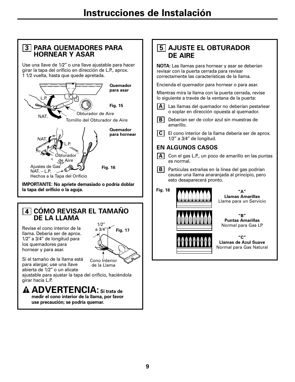 Para quemadores para hornear y asar, Cómo revisar el tamaño de la llama, Ajuste el obturador de aire | Instrucciones de instalación, Advertencia, 4para quemadores para hornear y asar | GE JGRP20WEJWW User Manual | Page 19 / 20