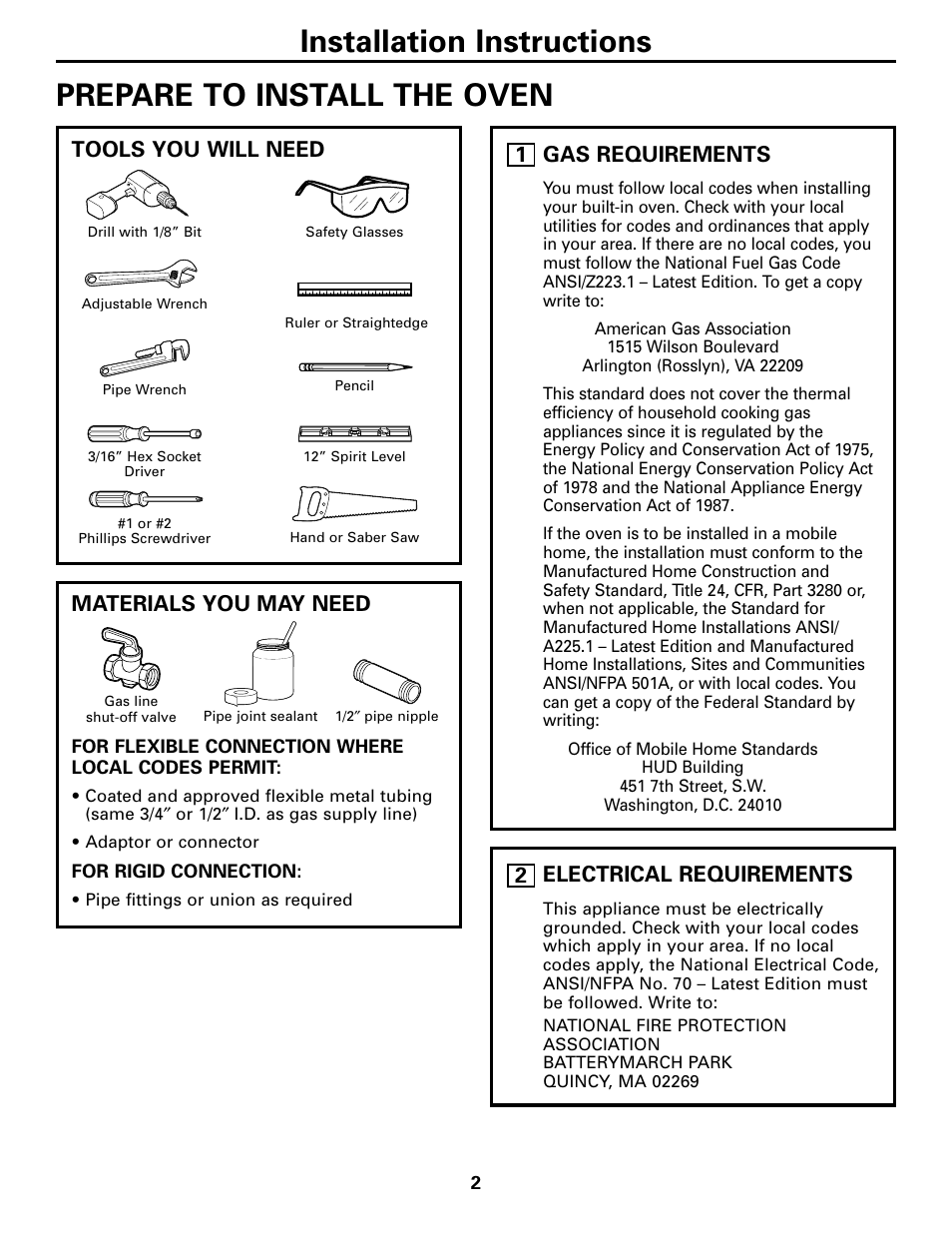 Prepare to install the oven, Tools you will need, Materials you may need | Gas requirements, Electrical requirements, Tools you will need materials you may need, 1electrical requirements | GE JGRP20WEJWW User Manual | Page 2 / 20