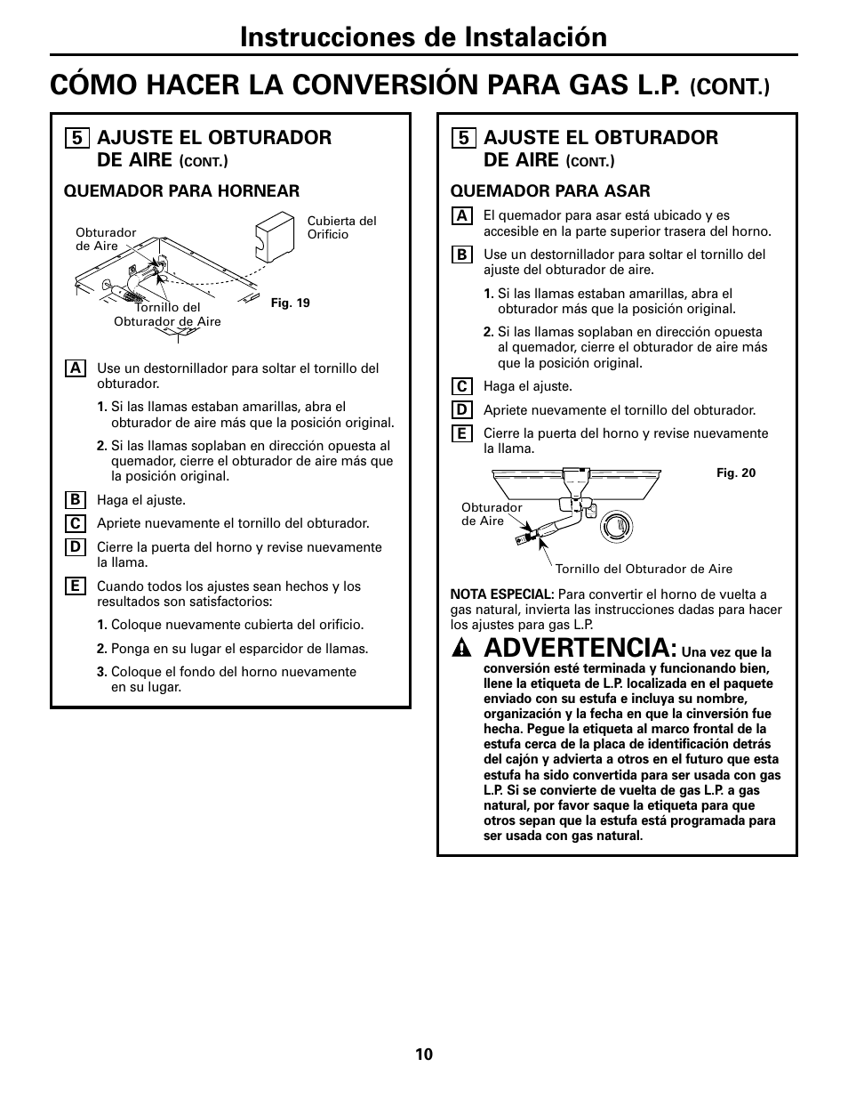 Advertencia, Cont.), Ajuste el obturador de aire | 5ajuste el obturador de aire | GE JGRP20WEJWW User Manual | Page 20 / 20