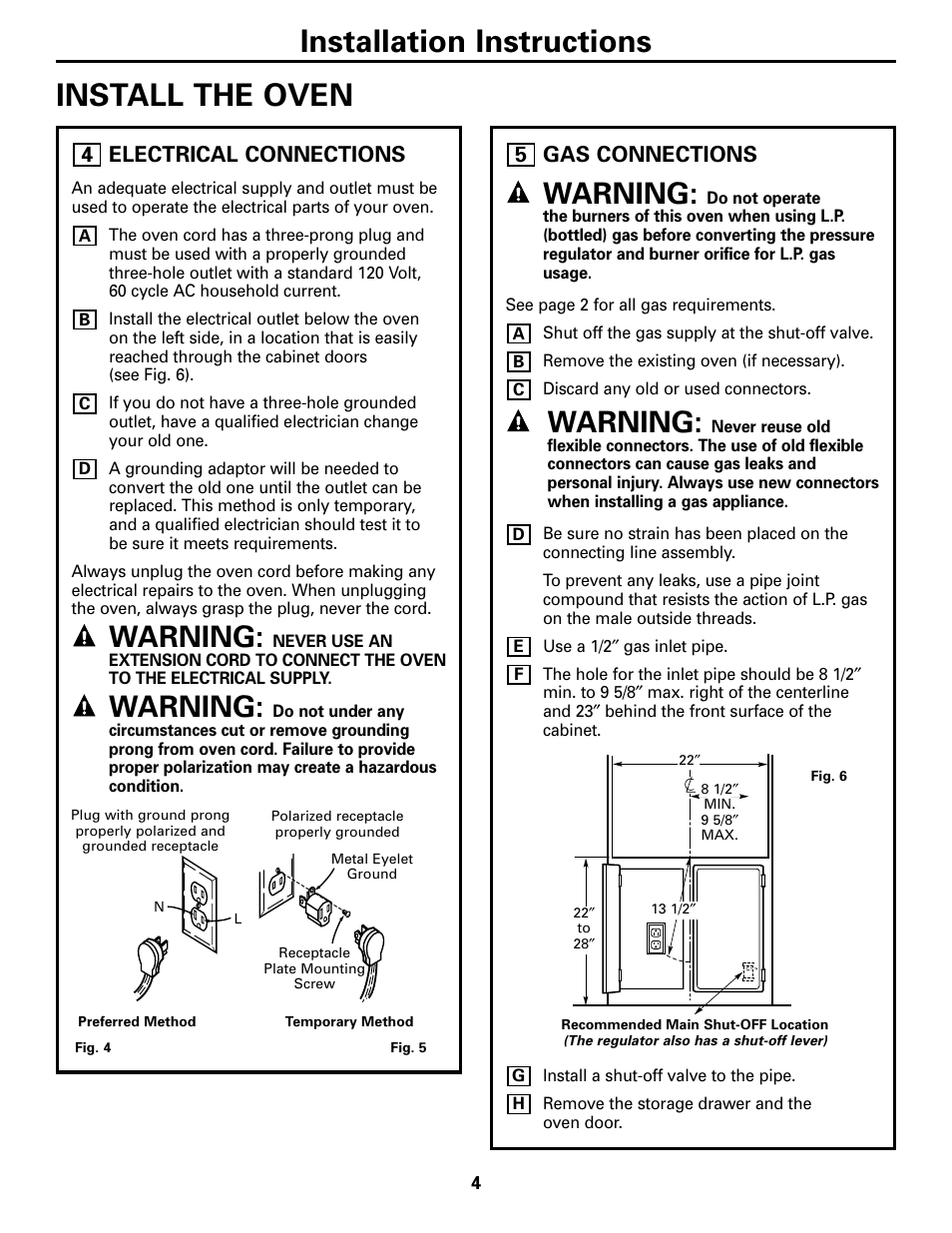 Install the oven, Electrical connections, Gas connections | Installation instructions install the oven, Warning, 5electrical connections | GE JGRP20WEJWW User Manual | Page 4 / 20