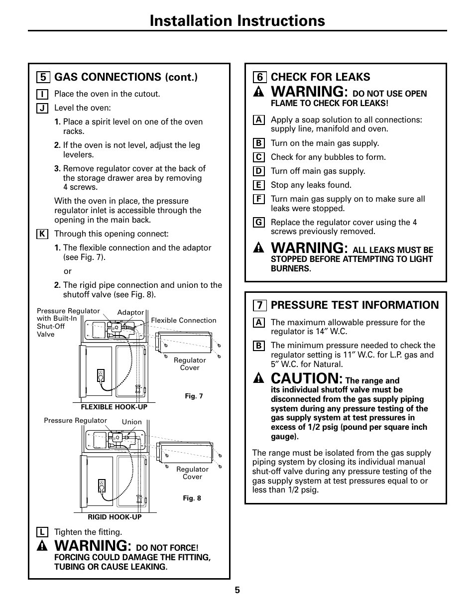 Check for leaks, Pressure test information, Installation instructions | Warning, Caution | GE JGRP20WEJWW User Manual | Page 5 / 20