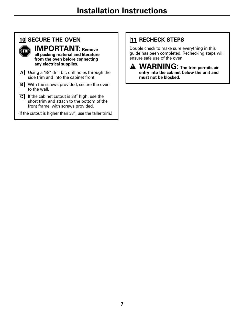 Secure the oven, Recheck steps, Installation instructions | Important, Warning | GE JGRP20WEJWW User Manual | Page 7 / 20