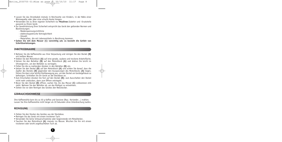 Inbetriebnahme, Gebrauchshinweise reinigung | Moulinex KAFFEEMÜHLE AR100G User Manual | Page 10 / 38