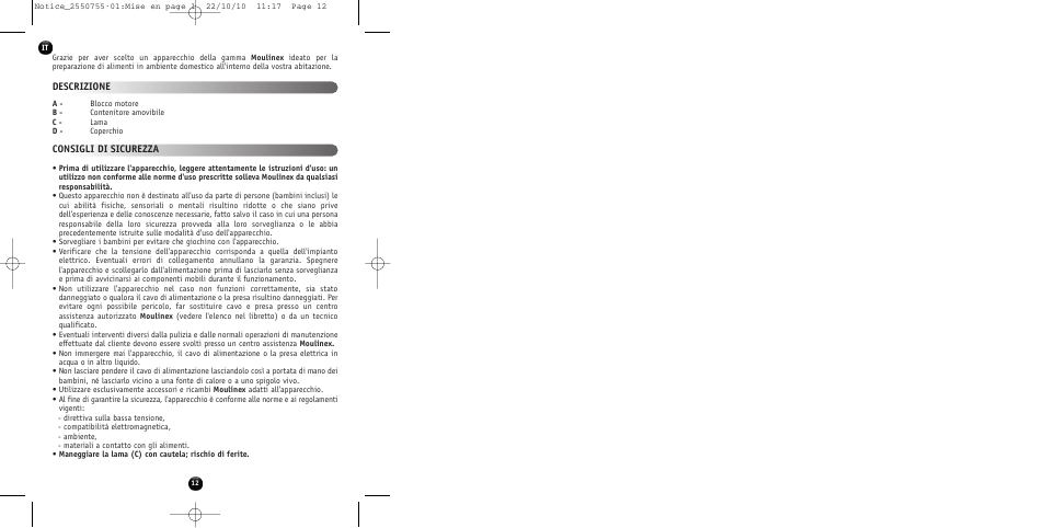 Descrizione consigli di sicurezza | Moulinex KAFFEEMÜHLE AR100G User Manual | Page 14 / 38