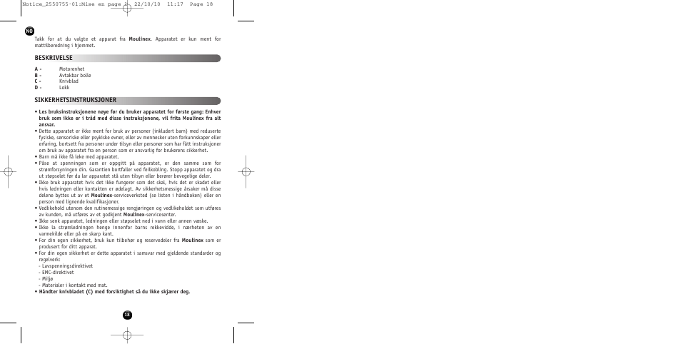 Beskrivelse sikkerhetsinstruksjoner | Moulinex KAFFEEMÜHLE AR100G User Manual | Page 20 / 38