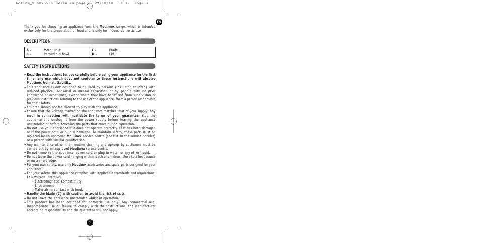 Description safety instructions | Moulinex KAFFEEMÜHLE AR100G User Manual | Page 5 / 38