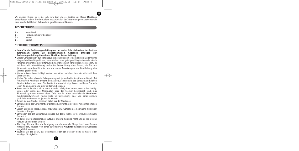 Beschreibung sicherheitshinweise | Moulinex KAFFEEMÜHLE AR100G User Manual | Page 9 / 38