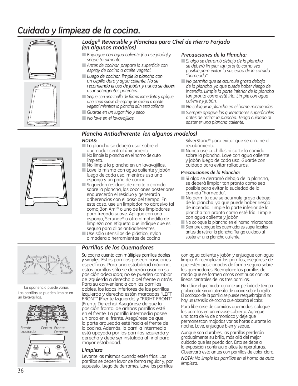 Plancha antiadherente (en algunos, Parrillas de los quemadores, Cuidado y limpieza de la cocina | GE CGS975SEDSS User Manual | Page 100 / 128
