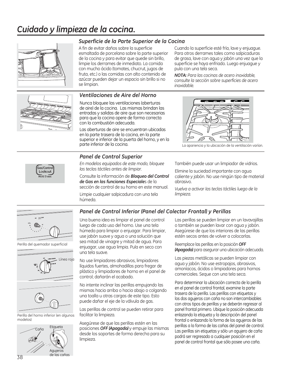 Superficie de la parte superior de la, Ventilaciones de aire del horno, Panel de control superior | T/y panel de control y perillas, Cuidado y limpieza de la cocina | GE CGS975SEDSS User Manual | Page 102 / 128