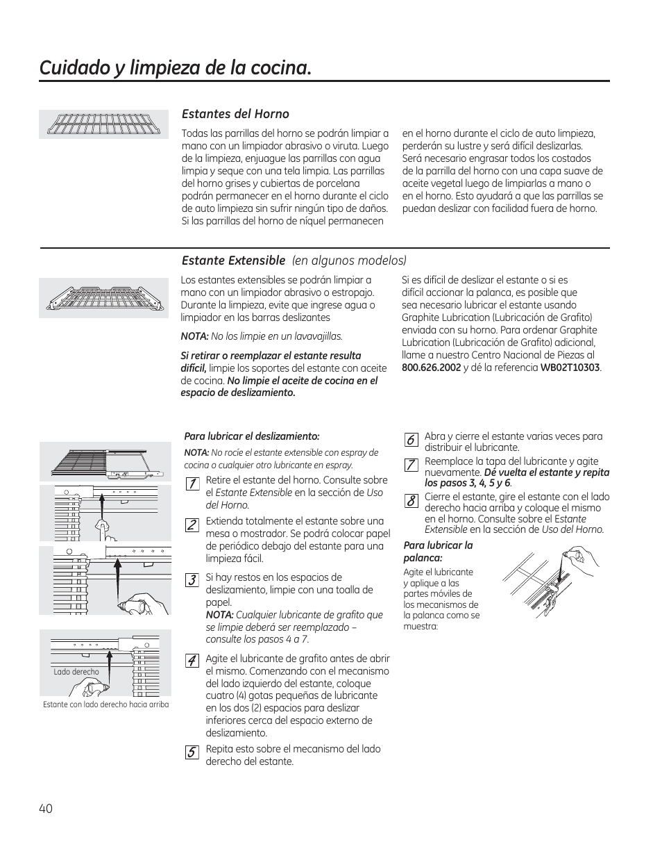 Estantes del horno, Cuidado y limpieza de la cocina | GE CGS975SEDSS User Manual | Page 104 / 128