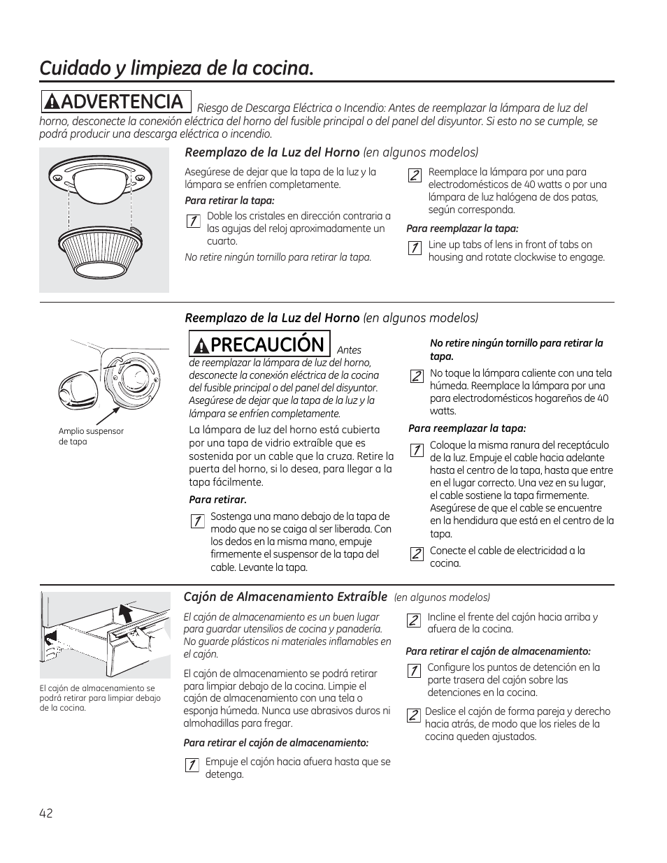 Reemplazo de la luz del horno (en algunos modelos), Cuidado y limpieza de la cocina, Aadvertencia | Aprecaucion | GE CGS975SEDSS User Manual | Page 106 / 128
