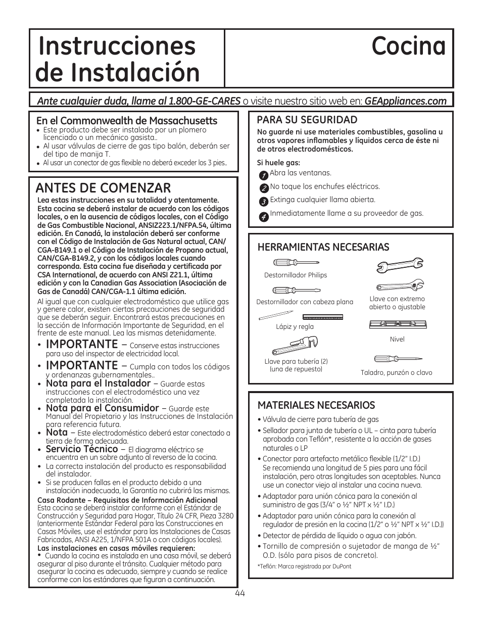 Para su seguridad, Materiales necesarios, Instrucciones cocina de instalación | Importante, Antes de comenzar, Ante cualquier duda, llame all.800-ge-cares | GE CGS975SEDSS User Manual | Page 108 / 128