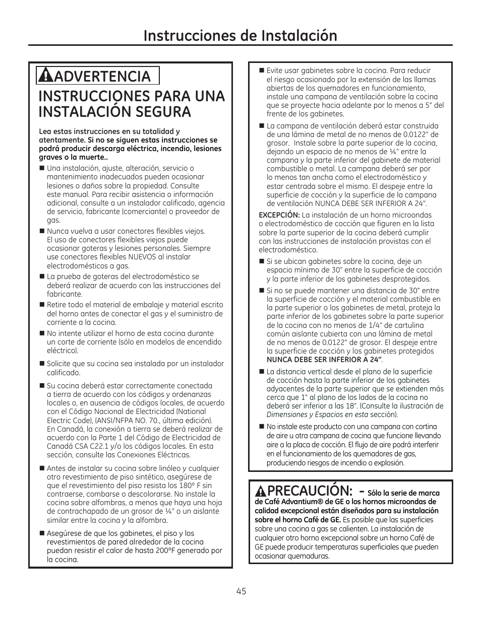 Instrucciones para una instalación segura, A precaucion, Instrucciones de instalación | Advertencia | GE CGS975SEDSS User Manual | Page 109 / 128