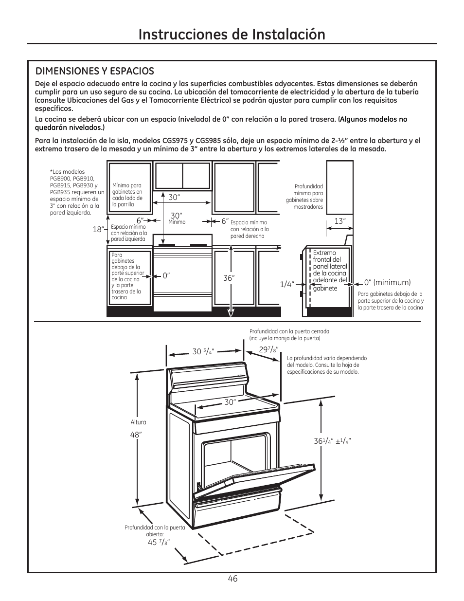 Dimensiones y espacios, Instrucciones de instalación | GE CGS975SEDSS User Manual | Page 110 / 128