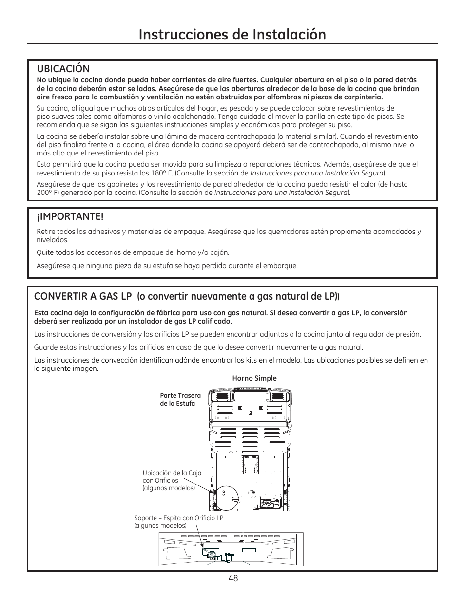 Ubicacion, Importante, Instrucciones de instalación | GE CGS975SEDSS User Manual | Page 112 / 128