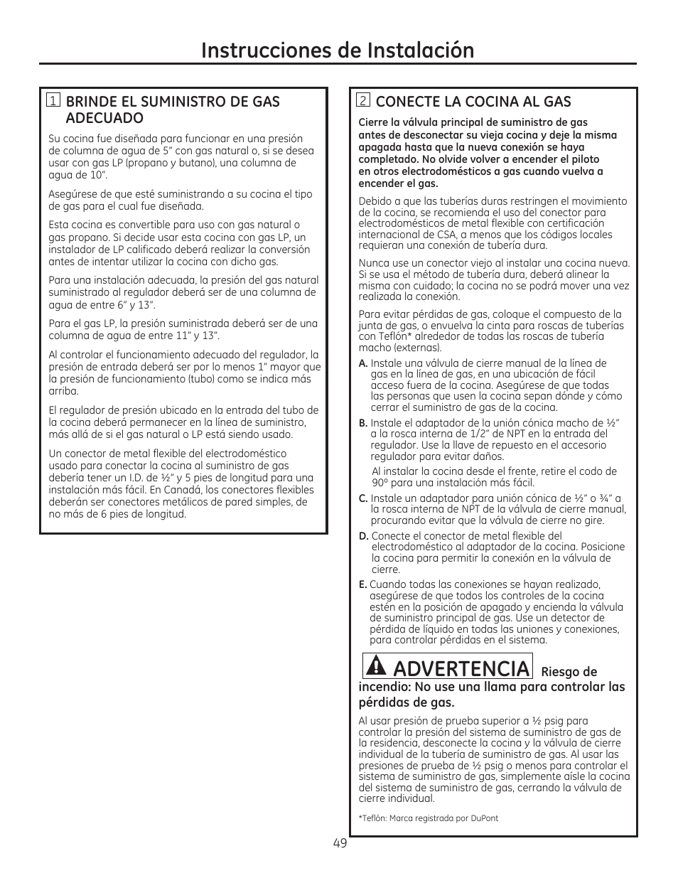 Brinde el suministro de gas adecuado, Conecte la cocina al gas, A advertencia | Instrucciones de instalación | GE CGS975SEDSS User Manual | Page 113 / 128