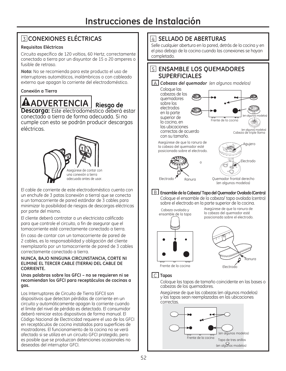 Conexiones eléctricas, Riesgo de, Sellado de aberturas | Ensamble los quemadores superficiales, Instrucciones de instalación, Advertencia | GE CGS975SEDSS User Manual | Page 116 / 128