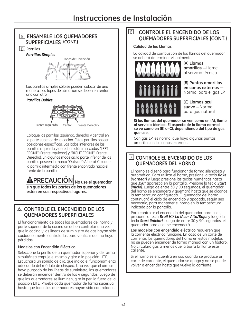 U ensamble los quemadores superficiales (cont.), Instrucciones de instalación, Precaución | GE CGS975SEDSS User Manual | Page 117 / 128
