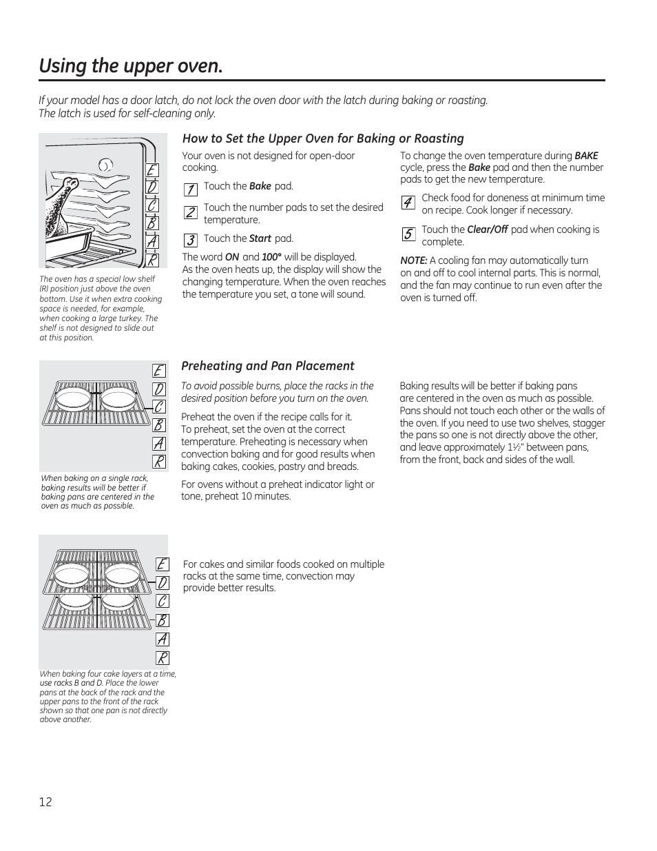 How to set the upper oven for baking or roasting, Preheating and pan placement, Using the upper oven | GE CGS975SEDSS User Manual | Page 12 / 128
