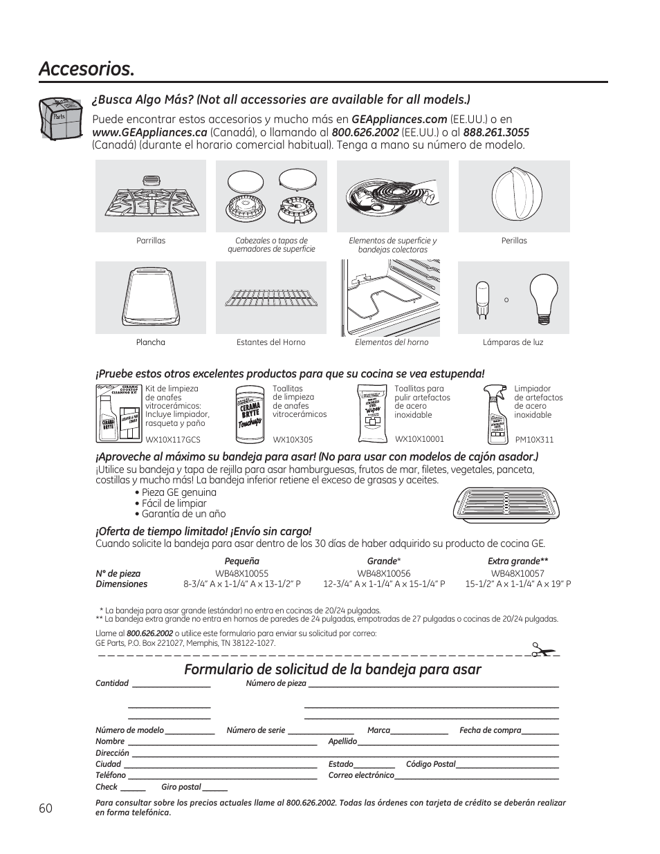 Accesorios, Accessories, Formulario de solicitud de la bandeja para asar | GE CGS975SEDSS User Manual | Page 124 / 128