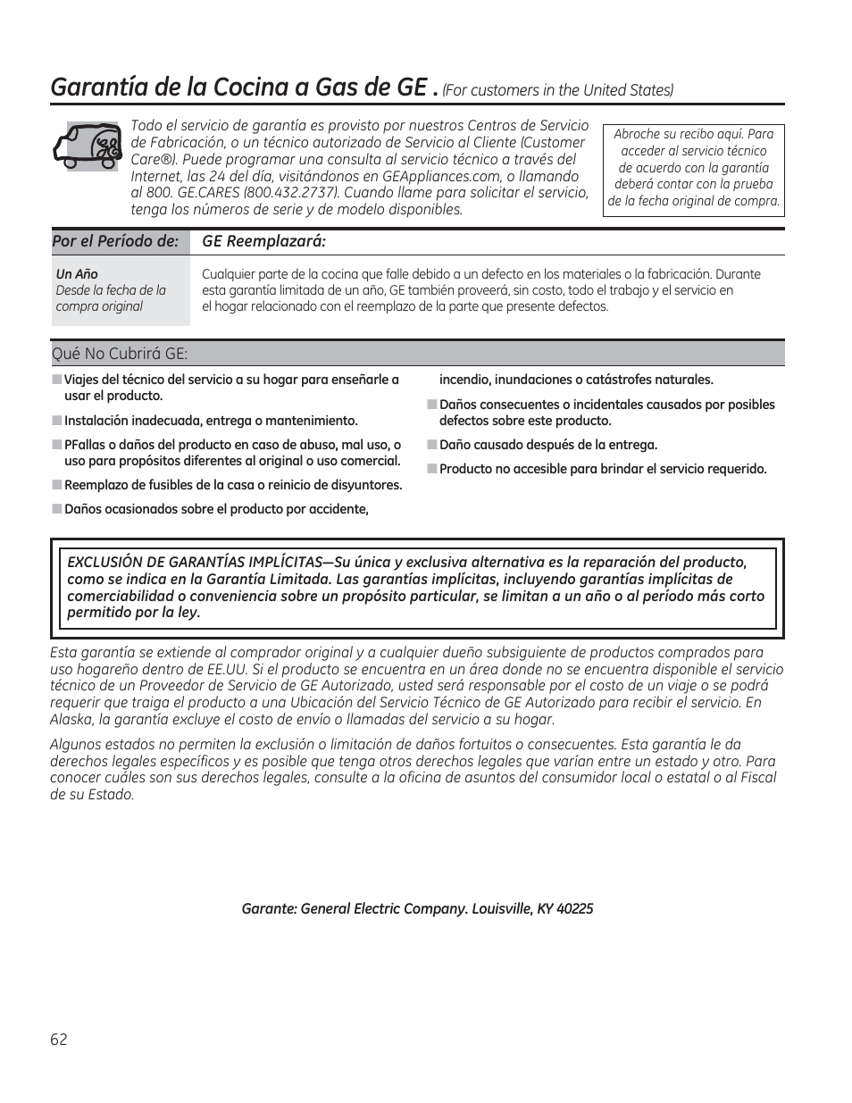Garantía de ¡a cocina a gas de ge, For customers in the united states) | GE CGS975SEDSS User Manual | Page 126 / 128