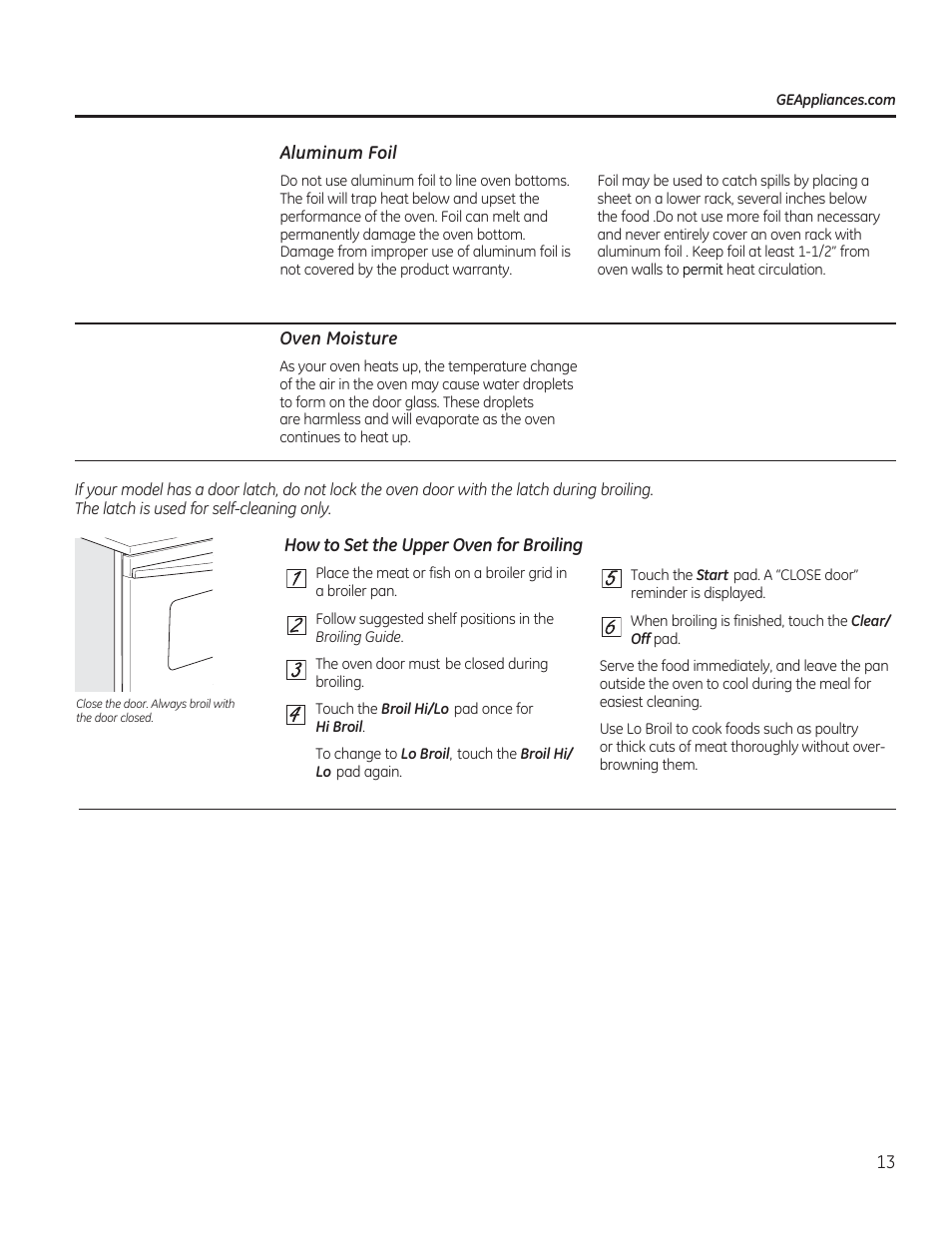 Aluminum foil, Oven moisture, How to set the upper oven for broiling | GE CGS975SEDSS User Manual | Page 13 / 128