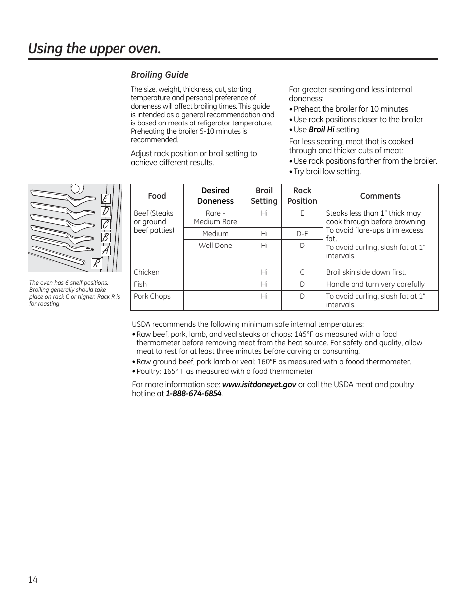 Broiling guide, Using the upper oven | GE CGS975SEDSS User Manual | Page 14 / 128