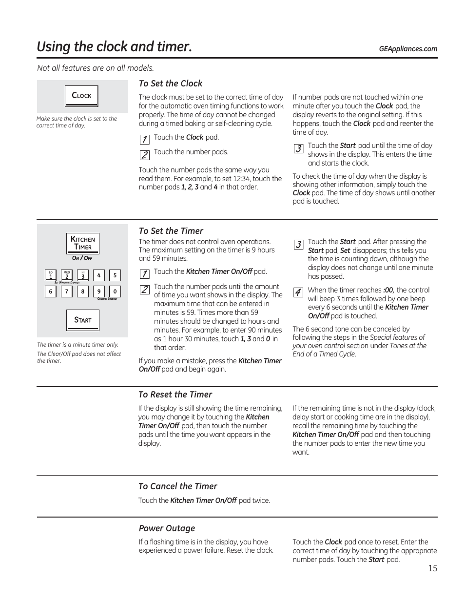 To set the clock, To set the timer, To reset the timer | To cancel the timer, Power outage, Using the dock and timer | GE CGS975SEDSS User Manual | Page 15 / 128