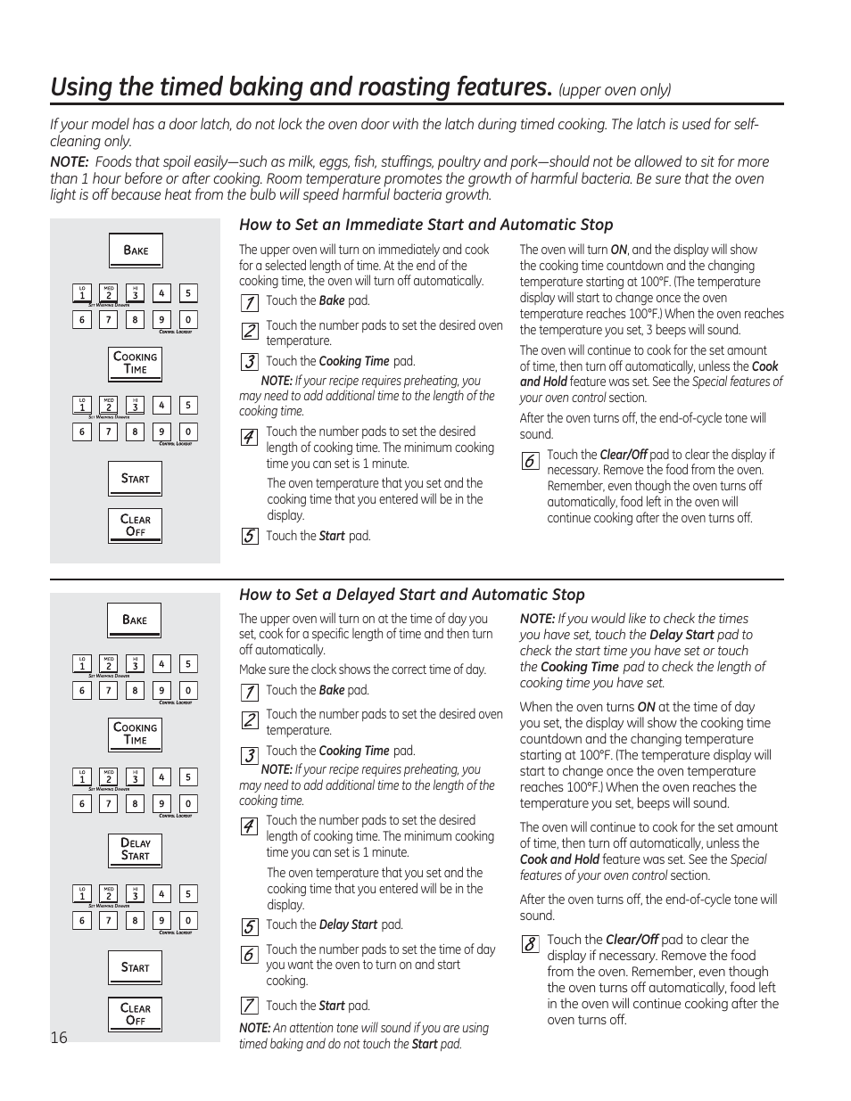 How to set an immediate start and automatic stop, How to set a delayed start and automatic stop, Ueiliibb | 2e1liibb, Using the timed baking and roasting features, Seillibb | GE CGS975SEDSS User Manual | Page 16 / 128