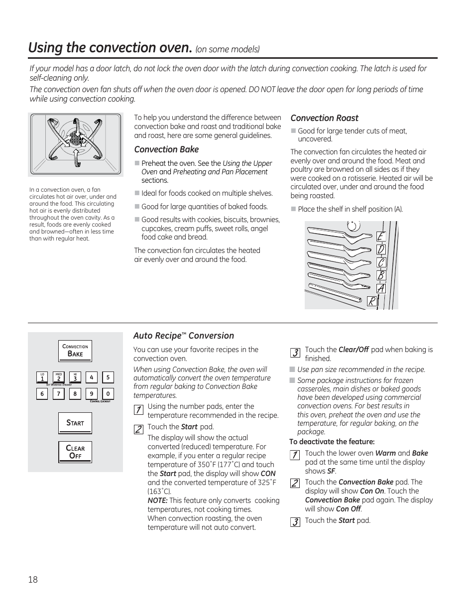Convection bake, Convection roast, Auto recipe'^ conversion | Using the convection oven | GE CGS975SEDSS User Manual | Page 18 / 128
