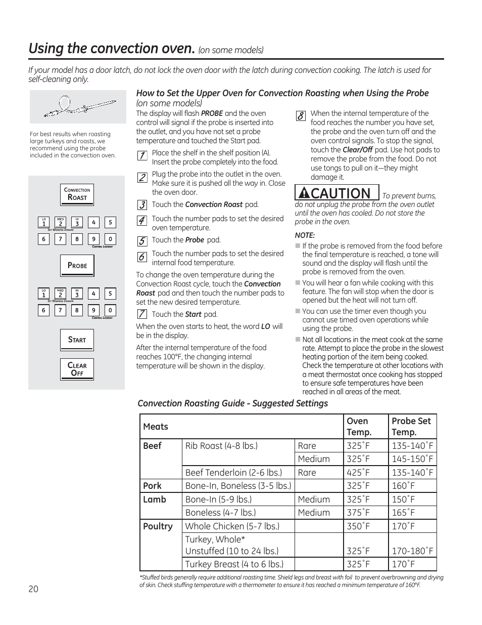 Convection roasting guide - suggested settings, Using the convection oven, Acaution | GE CGS975SEDSS User Manual | Page 20 / 128